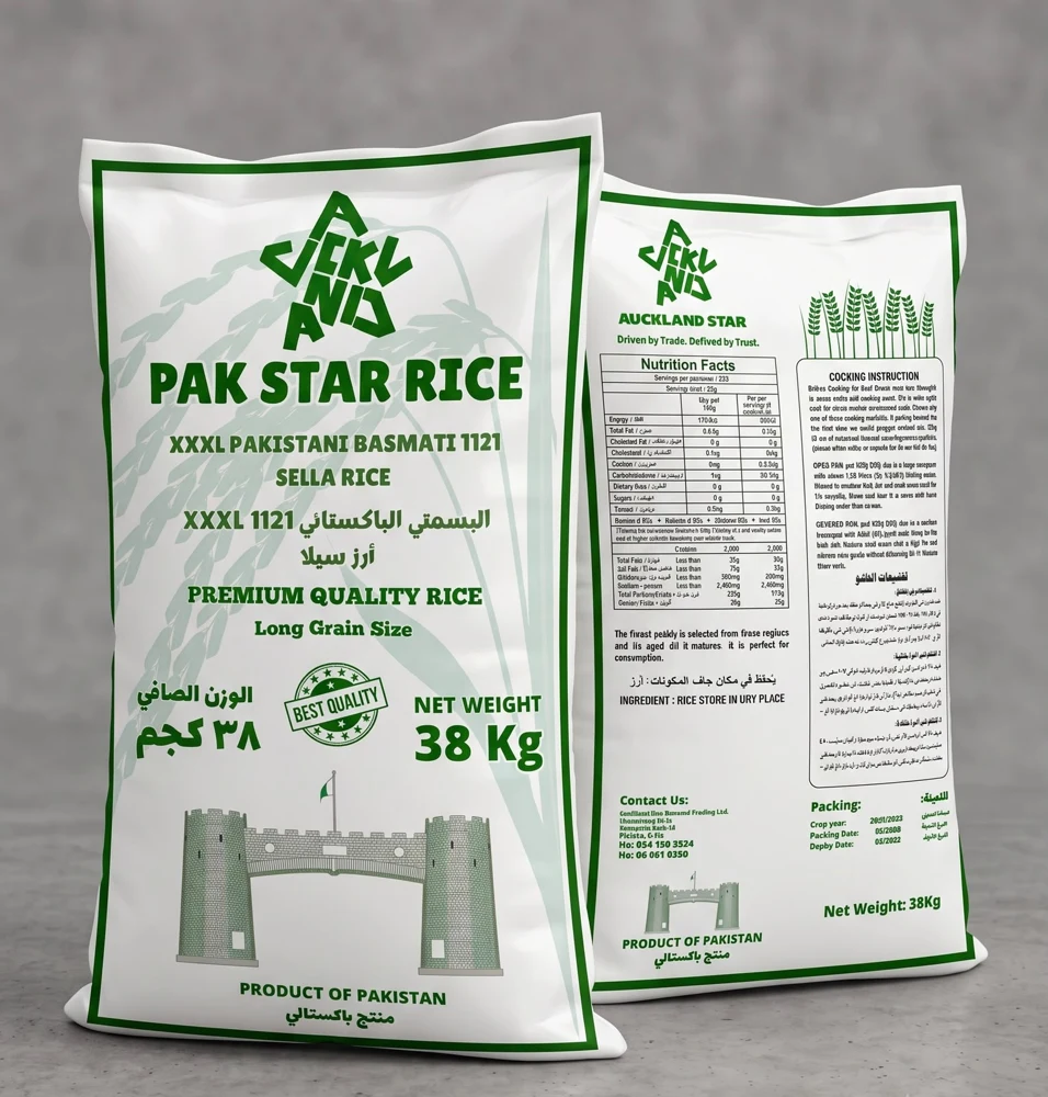 Green and white Pak Star Sella rice bags